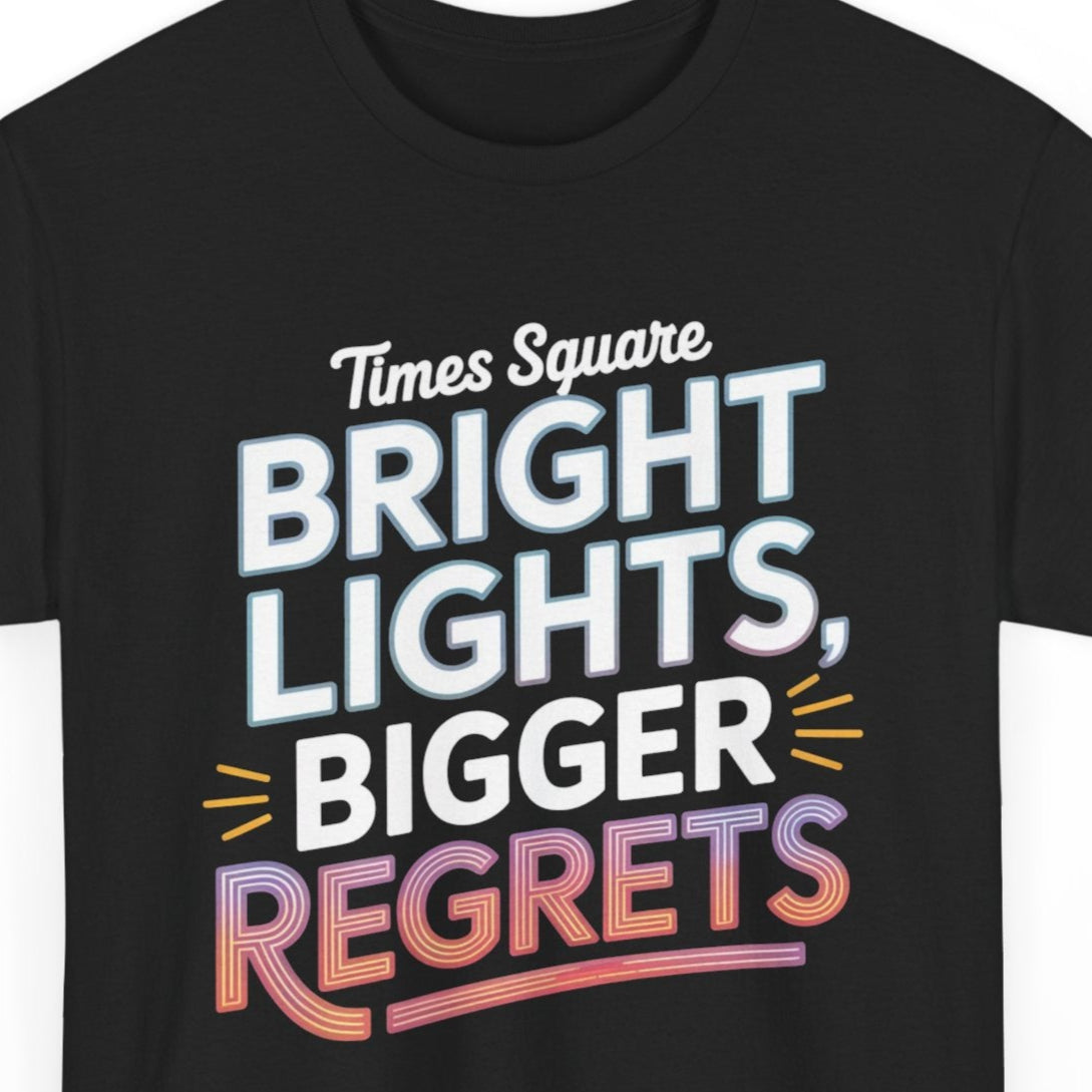 Black t-shirt with 'Times Square Bright Lights, Bigger Regrets' text design on a white background