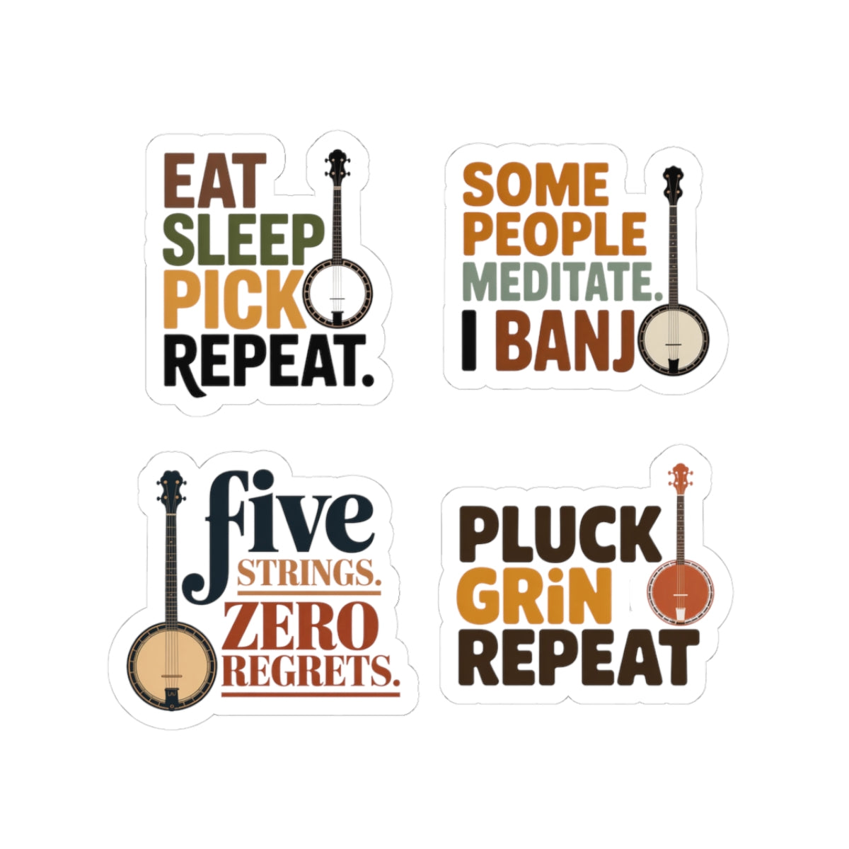 Banjo Sticker Pack – 4 PCS Bold Picker Mantra Decal Set for Bluegrass Musicians Five-String Instrument Lovers