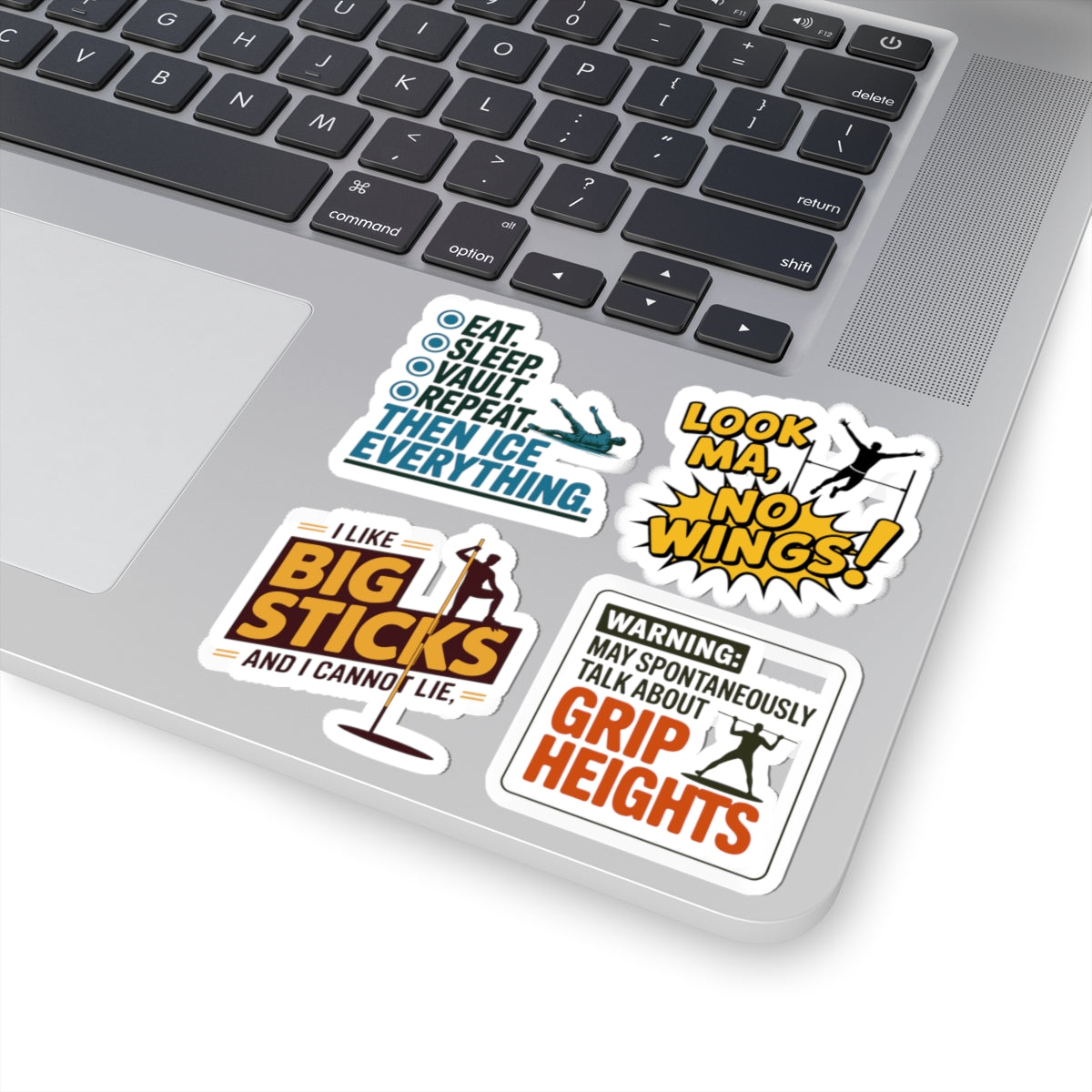 Pole Vault Sticker Pack – 4 PCS Funny Humor Mixed Graphic Decal Set for Track and Field Athletes, Competitive Vaulters