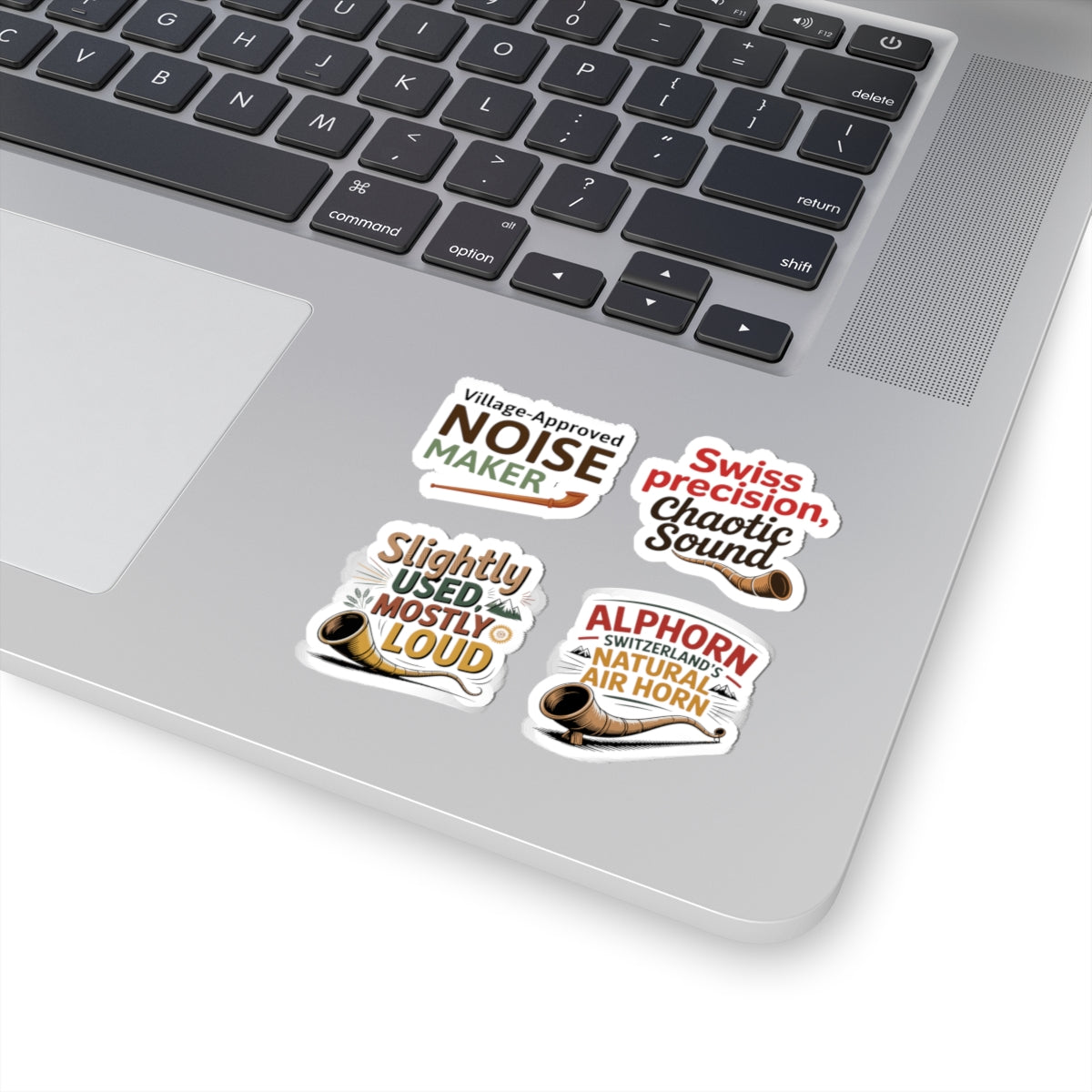 Alphorn Sticker Pack – 4 PCS Funny Swiss Music Humor Decals for Alphorn Players Mountain Music Lovers
