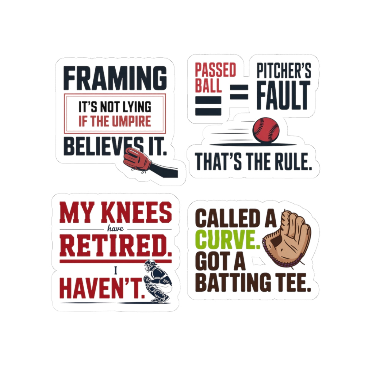 Baseball Catcher Sticker Pack – 4 PCS Funny Behind The Plate Humor Decal Set for Catchers Travel Ball Players