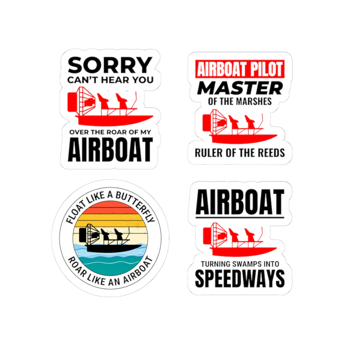Airboat Sticker Pack – 4 PCS Witty Novelty Decals for Swamp Boat Pilots Bayou Adventure Lovers