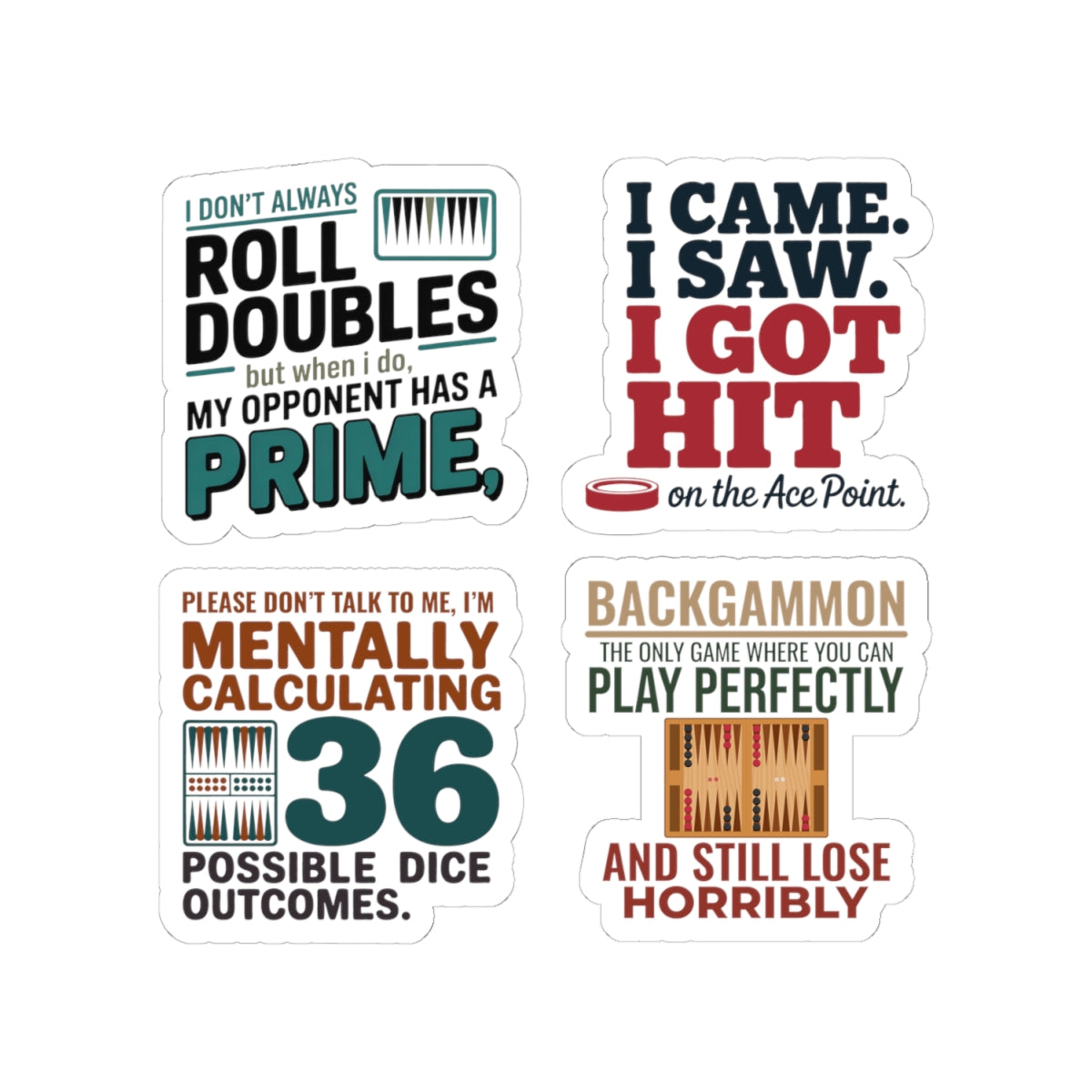 Backgammon Sticker Pack – 4 PCS Witty Strategy Quote Decals for Board Game Players & Tabletop Fans