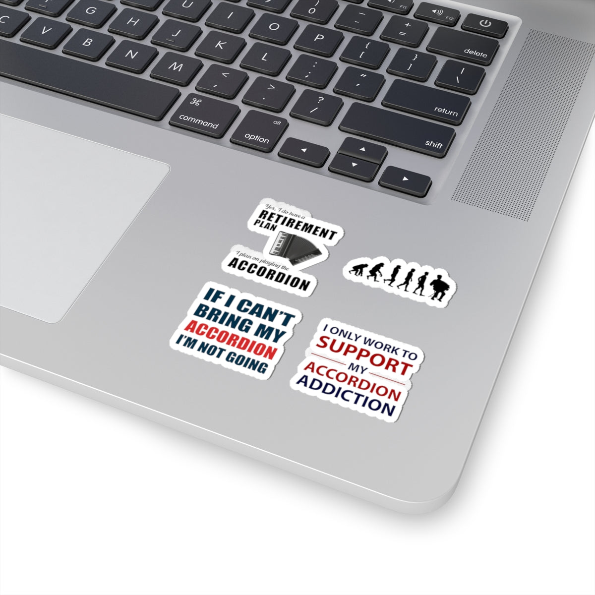 Accordion Sticker Pack – 4 PCS Funny Retirement Plan Addiction Evolution Decal Set for Musicians Players