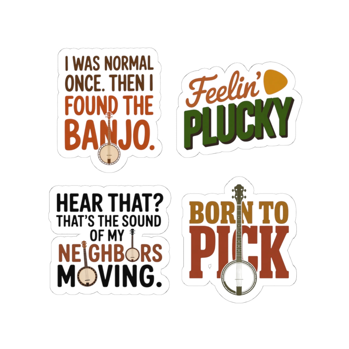 Banjo Sticker Pack – 4 PCS Funny Mixed Style Humor Decal Set for Bluegrass Musicians Folk String Instrument Lovers