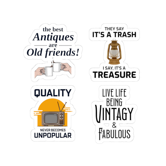 Antique Collector Sticker Pack – 4 PCS Funny Vintage Quotes Mixed Design Decal for Estate Sale Shoppers, Nostalgia Lovers