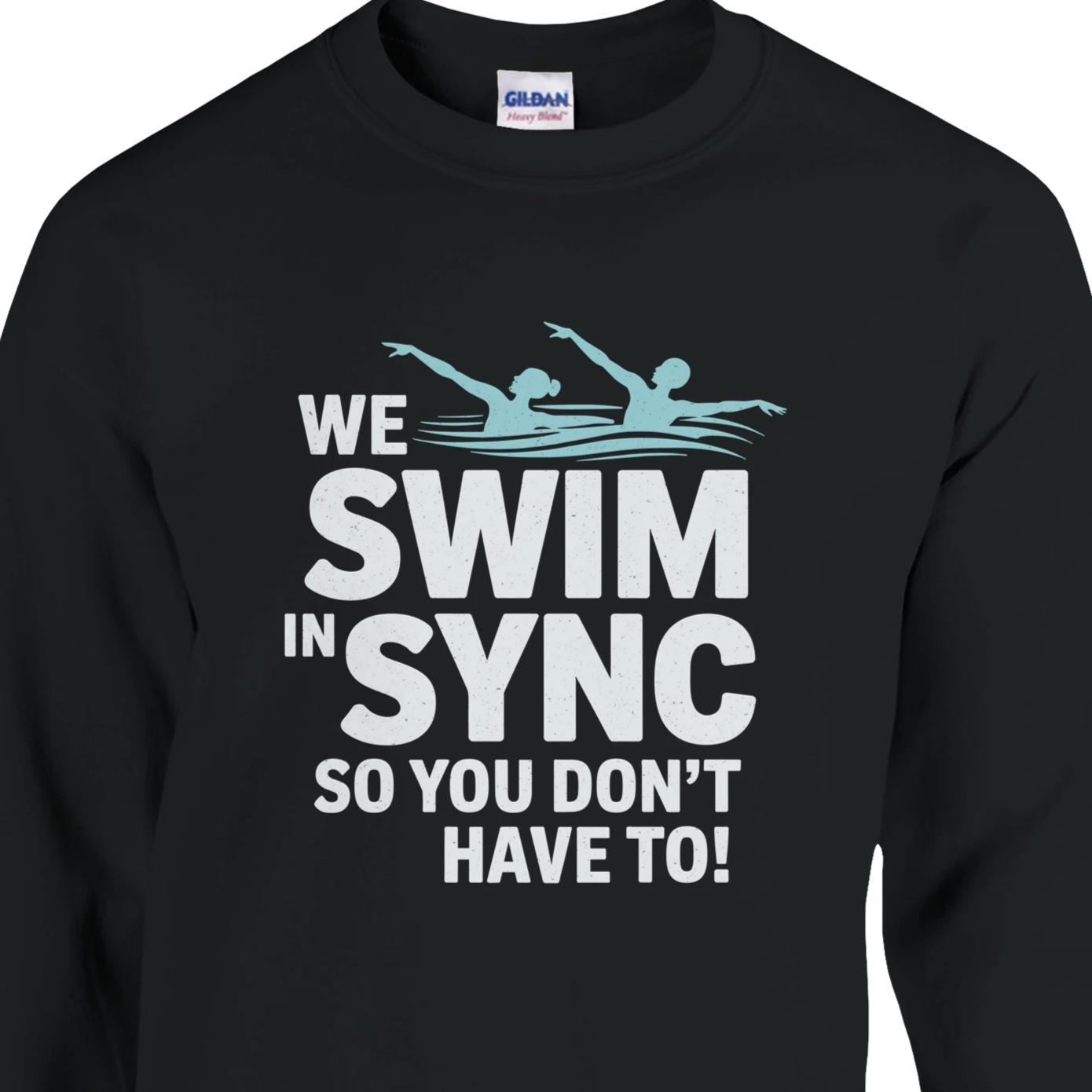 Black sweatshirt with 'We Swim In Sync' text and graphic on a white background