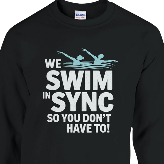 Black sweatshirt with 'We Swim In Sync' text and graphic on a white background