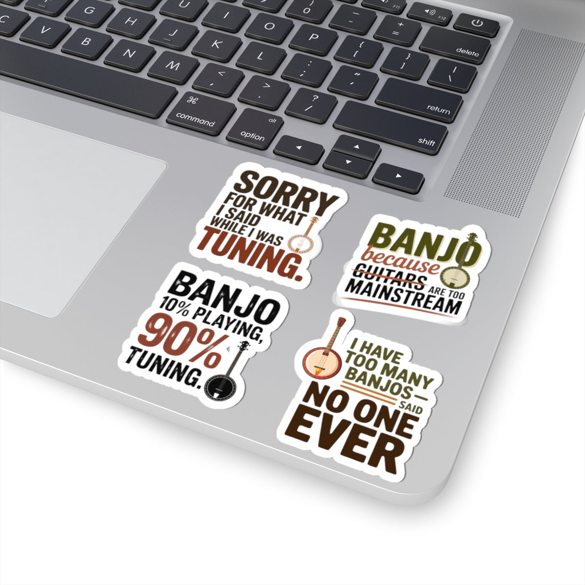 Banjo Sticker Pack – 4 PCS Sarcastic Tuning Humor Decal Set for Bluegrass Musicians Folk String Instrument Fans