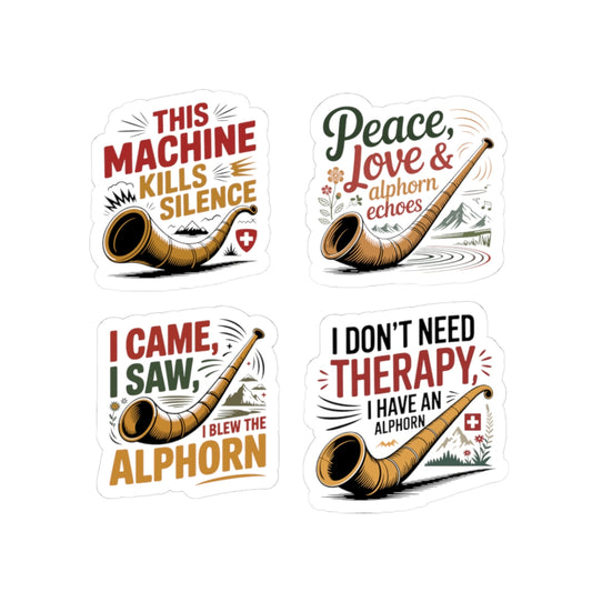 Alphorn Sticker Pack – 4 PCS Hilarious Therapy Humor Decals for Alphorn Players Swiss Music Lovers