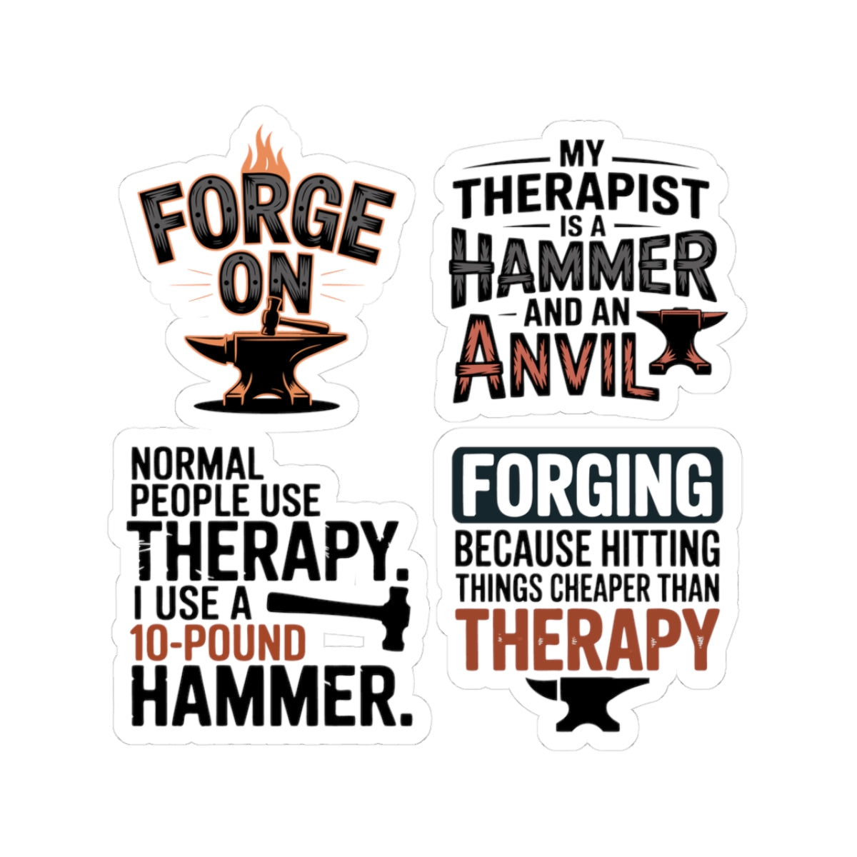 Blacksmith Therapy Sticker Pack – 4 PCS Sarcastic Hammer Anvil Forge Decals for Ironworkers Metal Craft Smiths