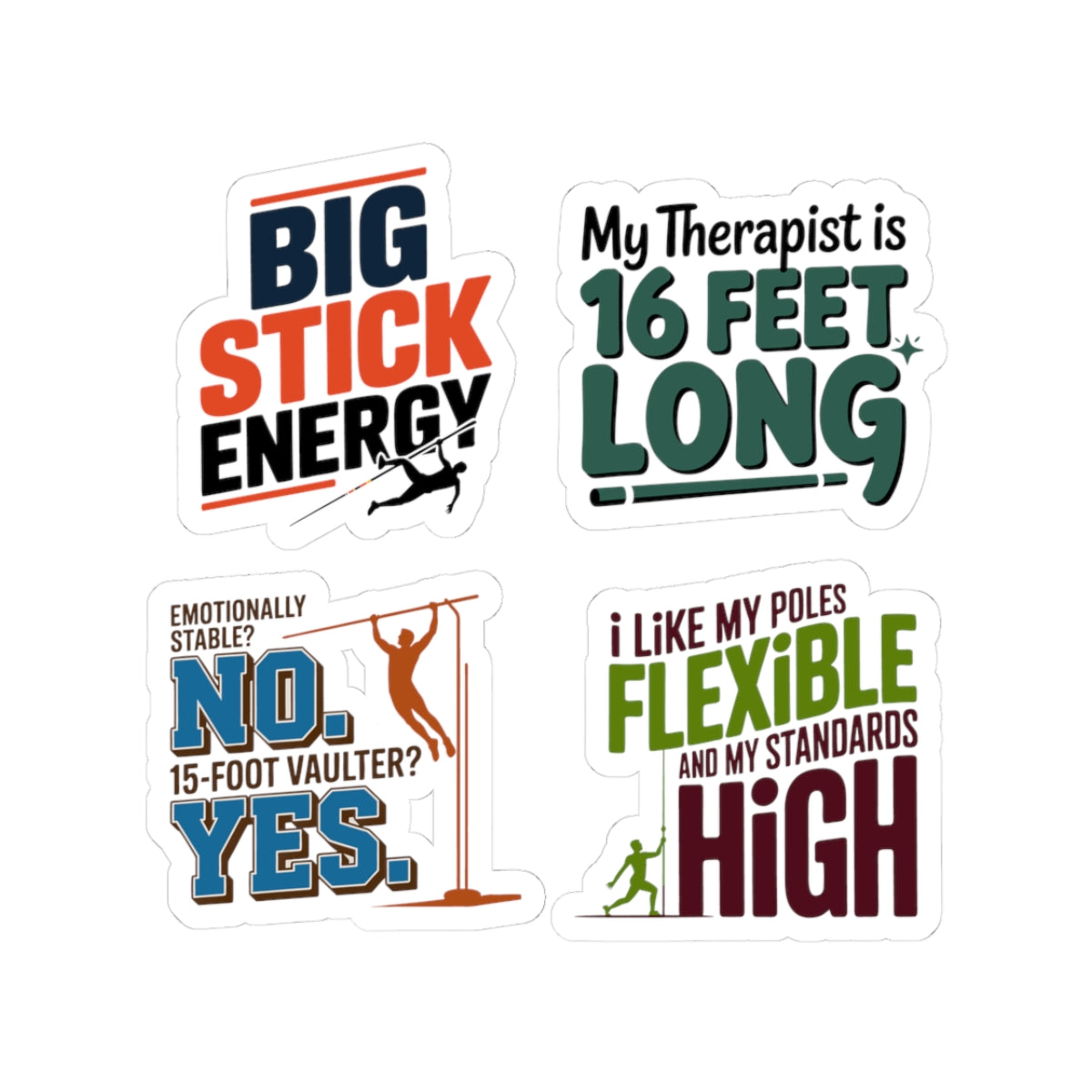 Pole Vault Sticker Pack – 4 PCS Funny Humor Graphic Decal Set for Track and Field Athletes, Competitive Vaulters & Sport Fans