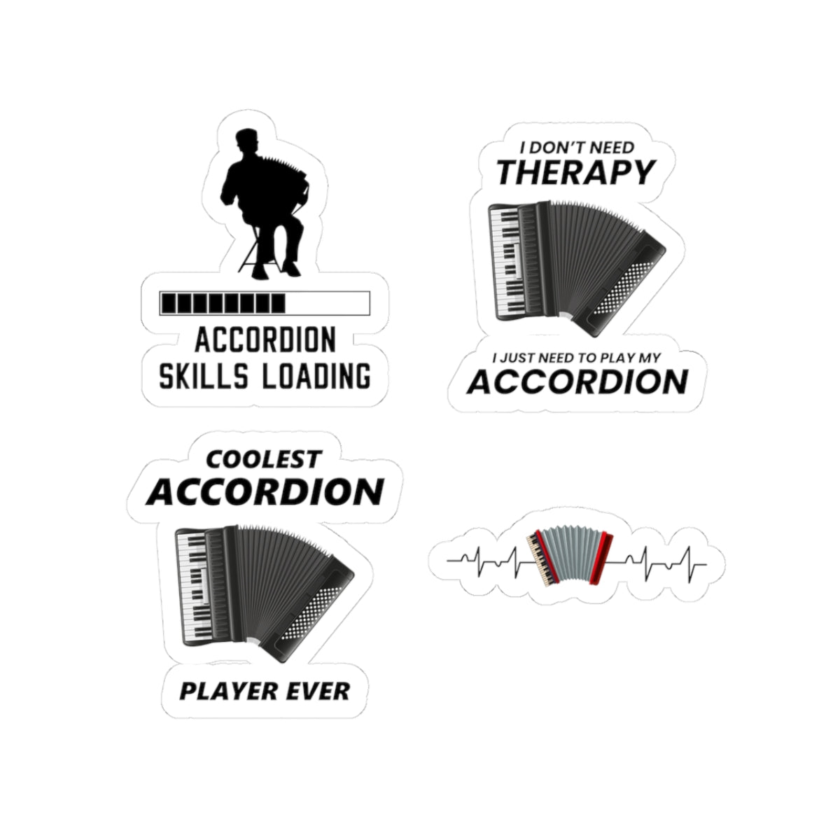 Accordion Sticker Pack – 4 PCS Funny Skills Loading Therapy Decal Set for Accordion Players Musicians Fans
