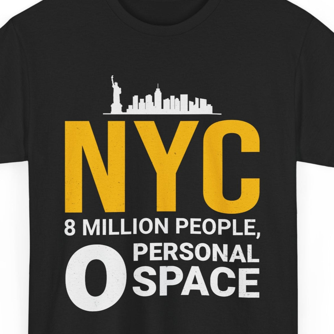 Black t-shirt with yellow and white text and graphics on a white background