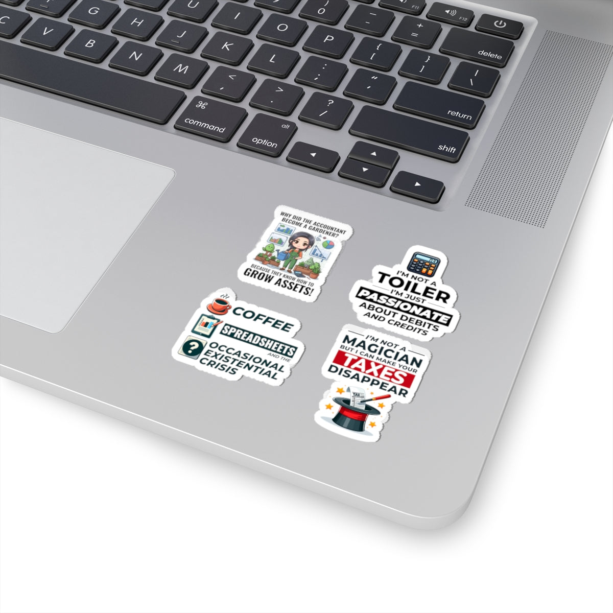 Accountant Sticker Pack – 4 PCS Funny Make Taxes Disappear Grow Assets Decal Set for CPAs Finance Pros