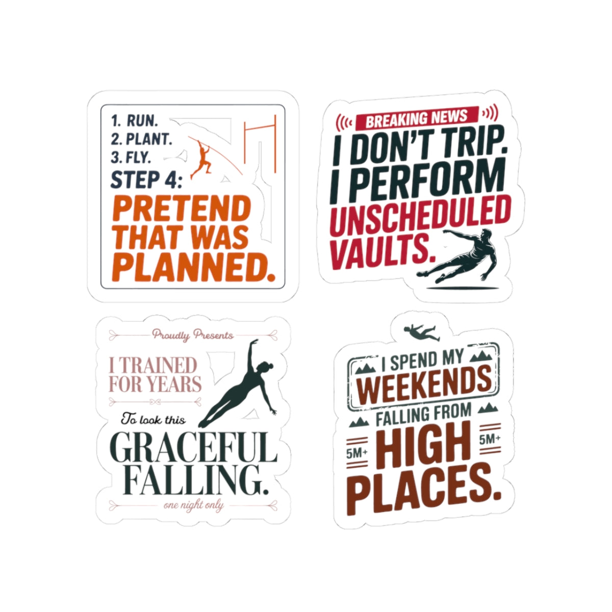 Pole Vault Sticker Pack – 4 PCS Funny Track Decal Set Humorous Quotes for Pole Vaulter Athlete Jumper Runner
