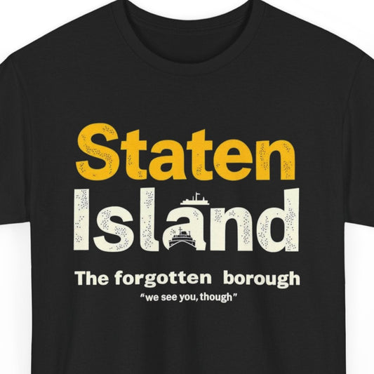 Black t-shirt with 'Staten Island' text in yellow and white on a white background