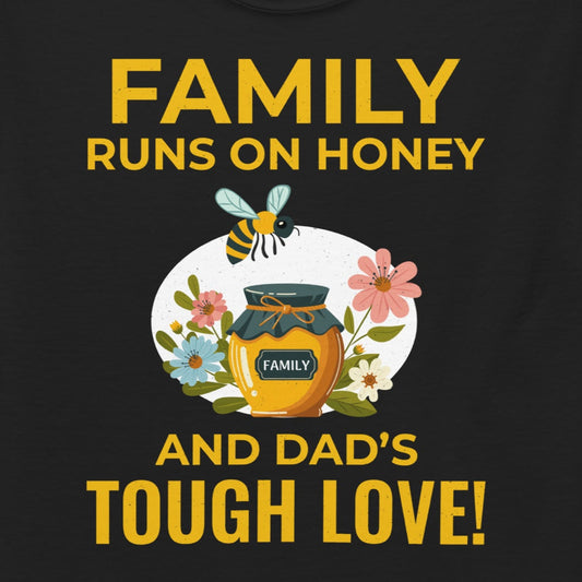 T-shirt with 'Family Runs on Honey and Dad’s Tough Love' text