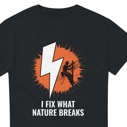 Lineman T-Shirt | I Fix What Nature Breaks | Storm Restoration Electrical Worker