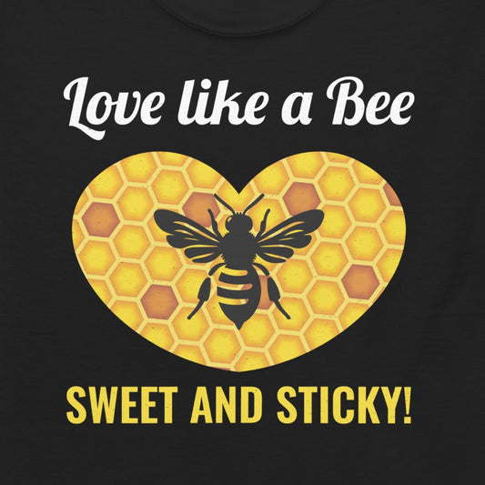 T-shirt with 'Love Like a Bee – Sweet and Sticky!' text