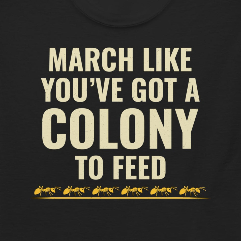 Ant keeper T-shirt with 'March Like You've Got a Colony to Feed' slogan
