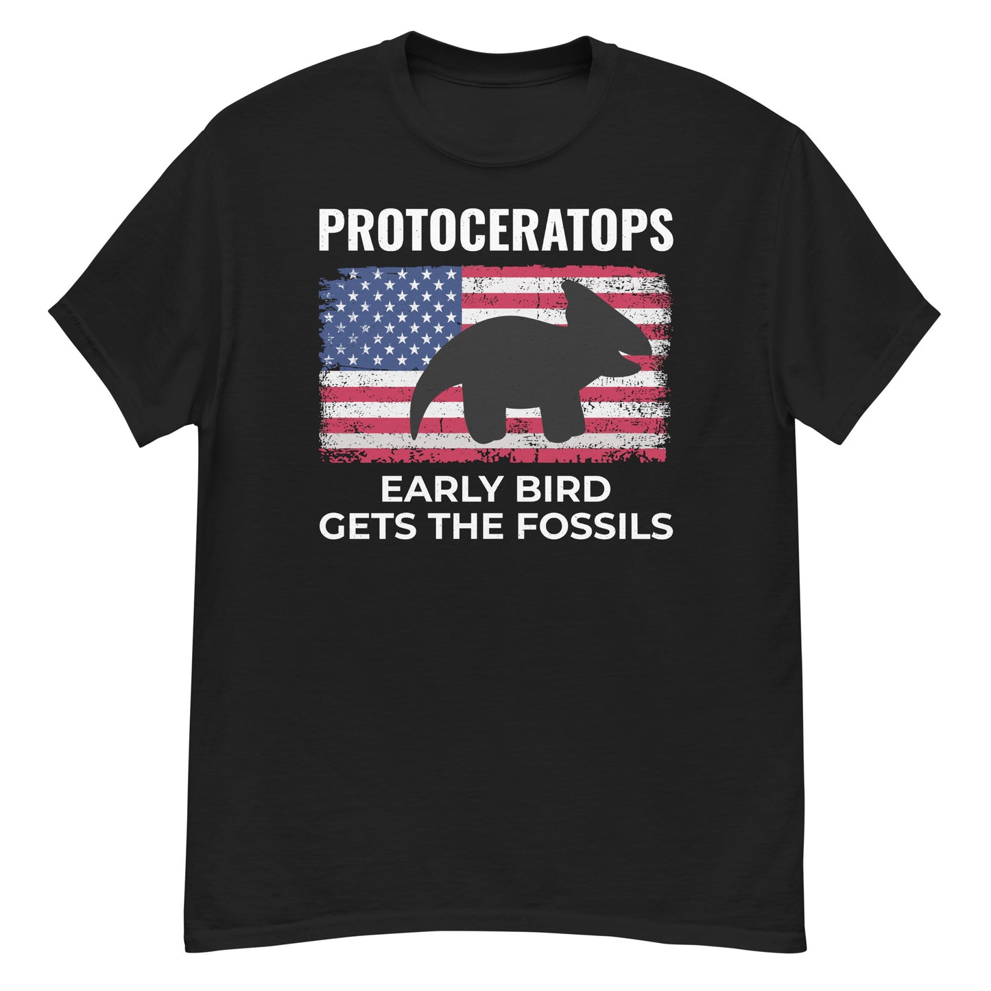 Protoceratops American Flag Dinosaur T-Shirt: Early Bird Gets the Fossils