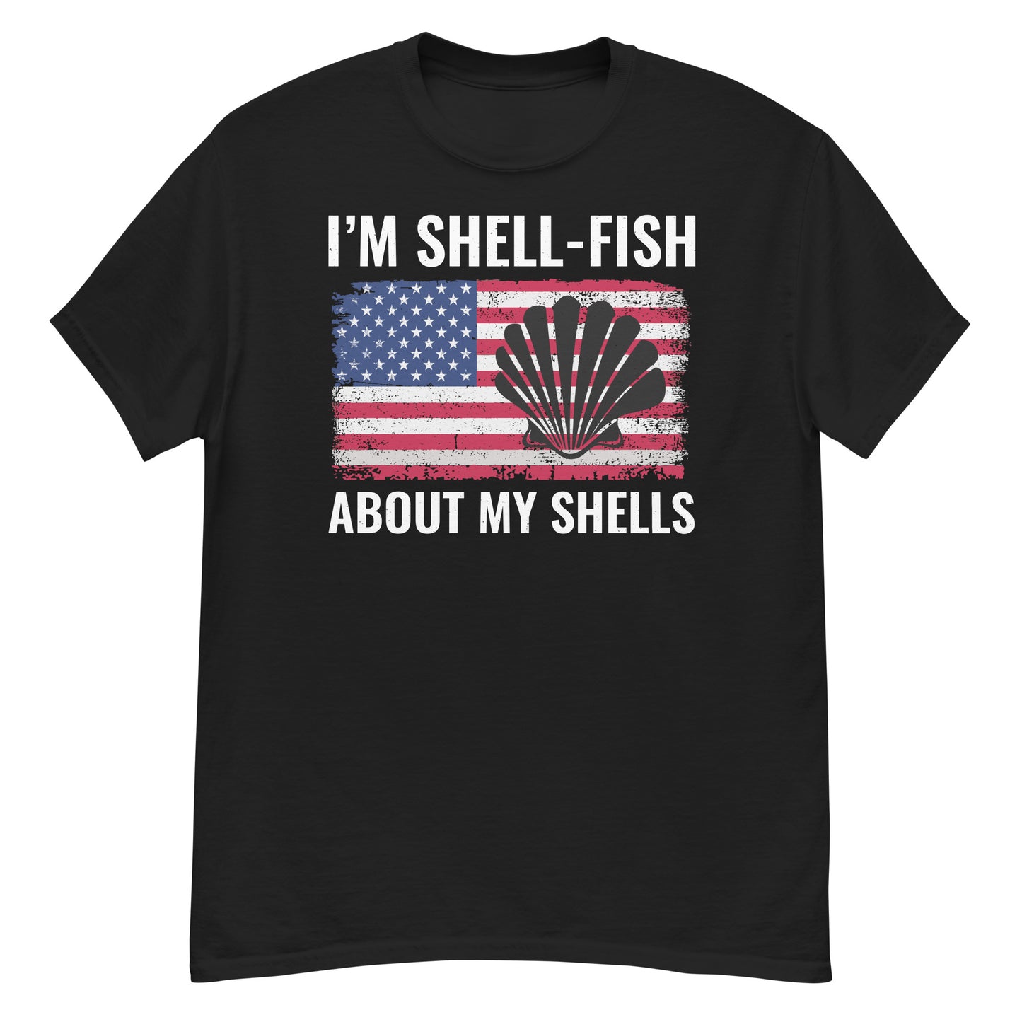 T-Shirt für Muschelsammler mit amerikanischer Flagge: Ich bin ein Muschelfisch über meine Muscheln