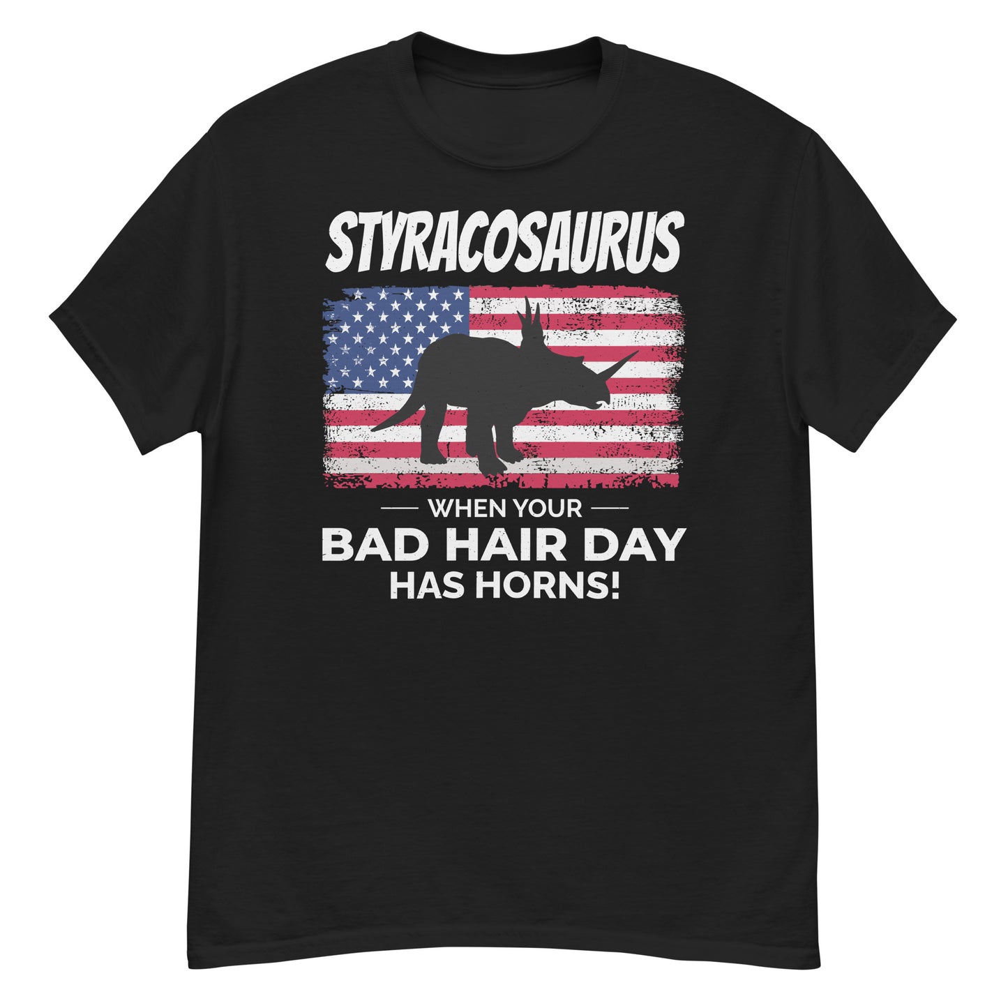 Styracosaurus American Flag Dinosaur T-Shirt: Bad Hair Day with Horns