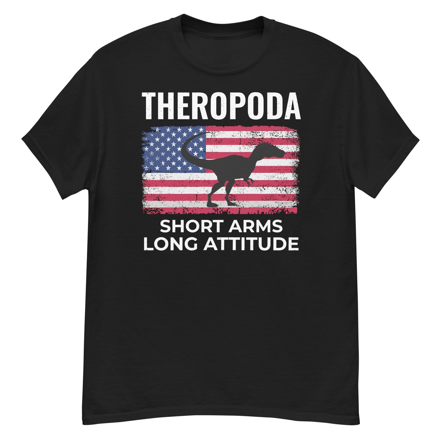 Theropoda Dinosaurier T-Shirt mit amerikanischer Flagge: Kurze Arme, lange Haltung