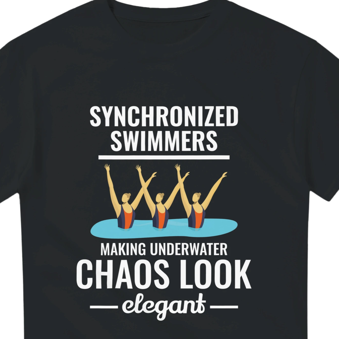 Black t-shirt with synchronized swimmers graphic and text on a white background