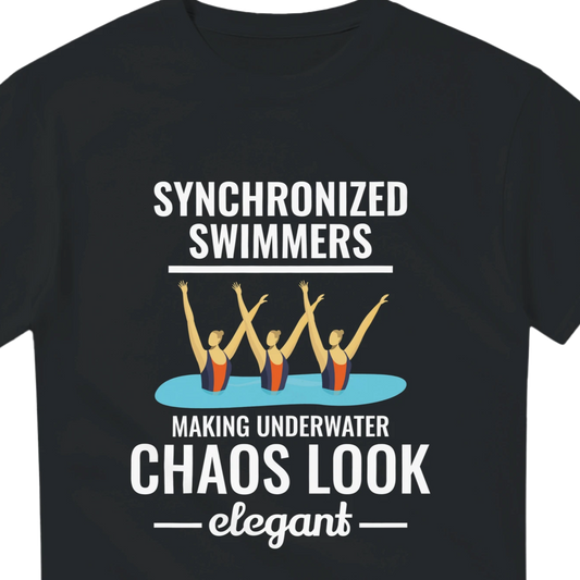 Black t-shirt with synchronized swimmers graphic and text on a white background