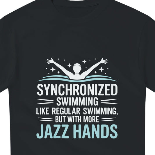 Black t-shirt with humorous synchronized swimming text design on a white background