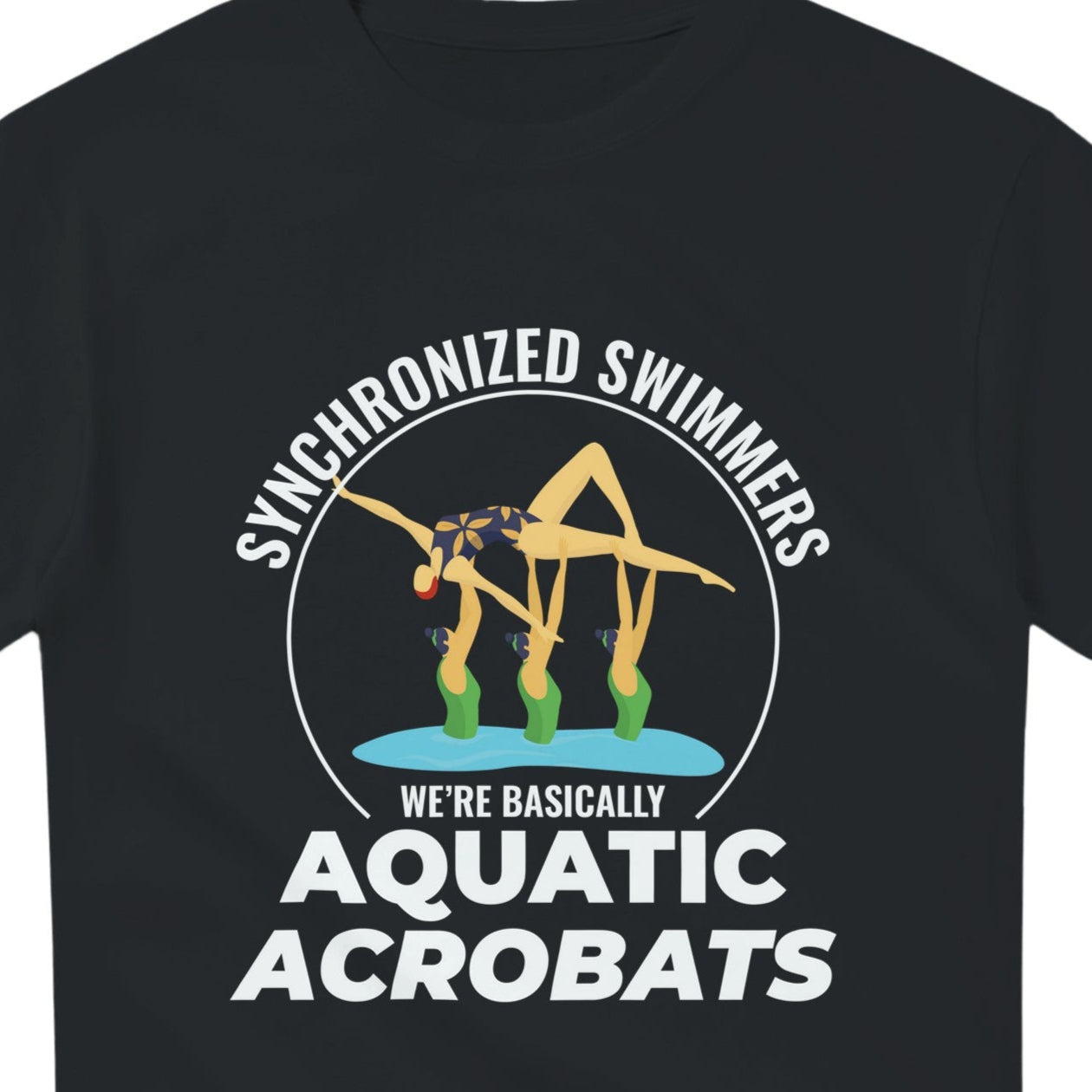 Black t-shirt with synchronized swimmers graphic and text on a white background