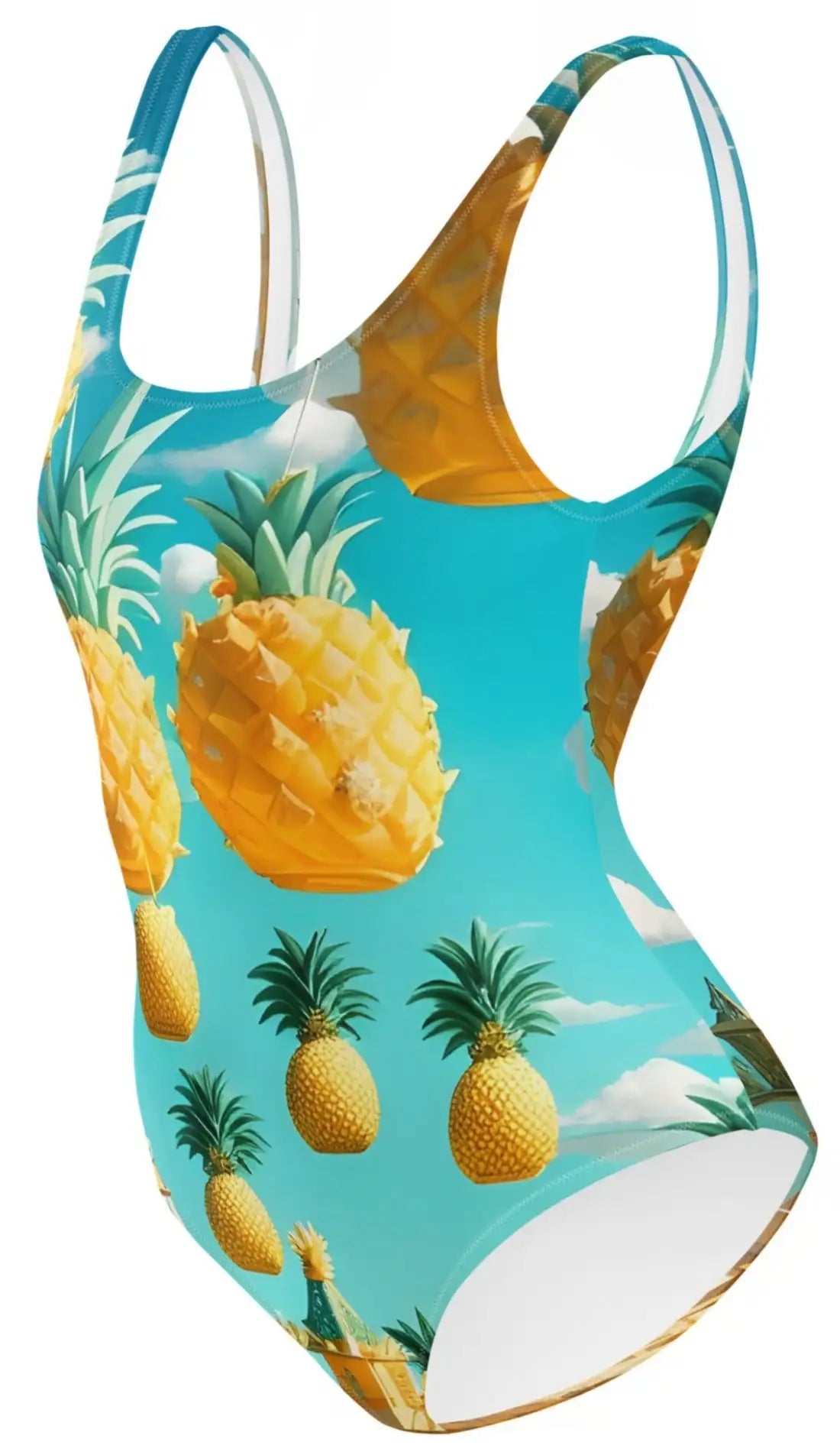 Pineapple Paradise: Surreal One-Piece Swimsuit with Whimsical Village