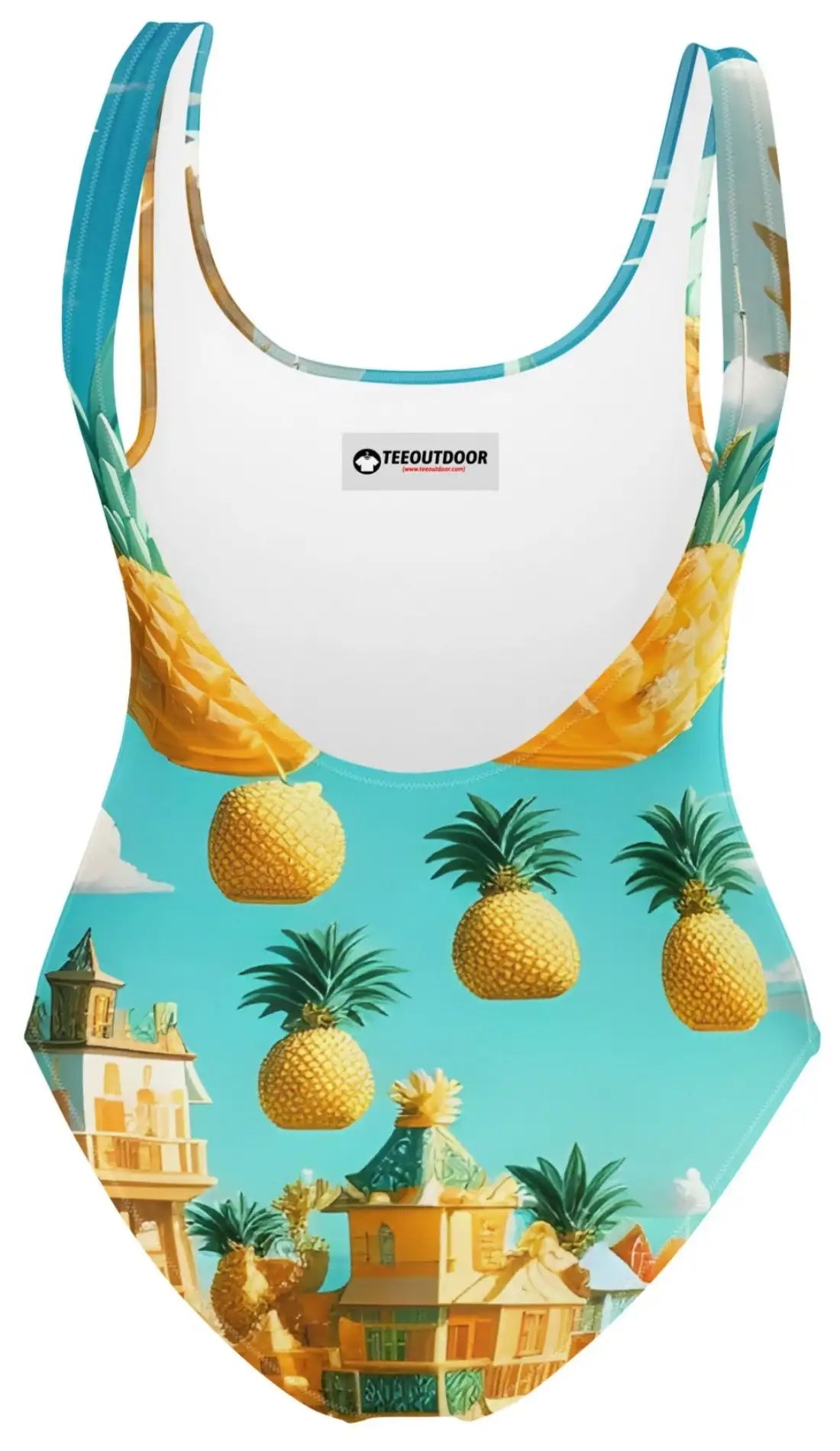 Pineapple Paradise: Surreal One-Piece Swimsuit with Whimsical Village