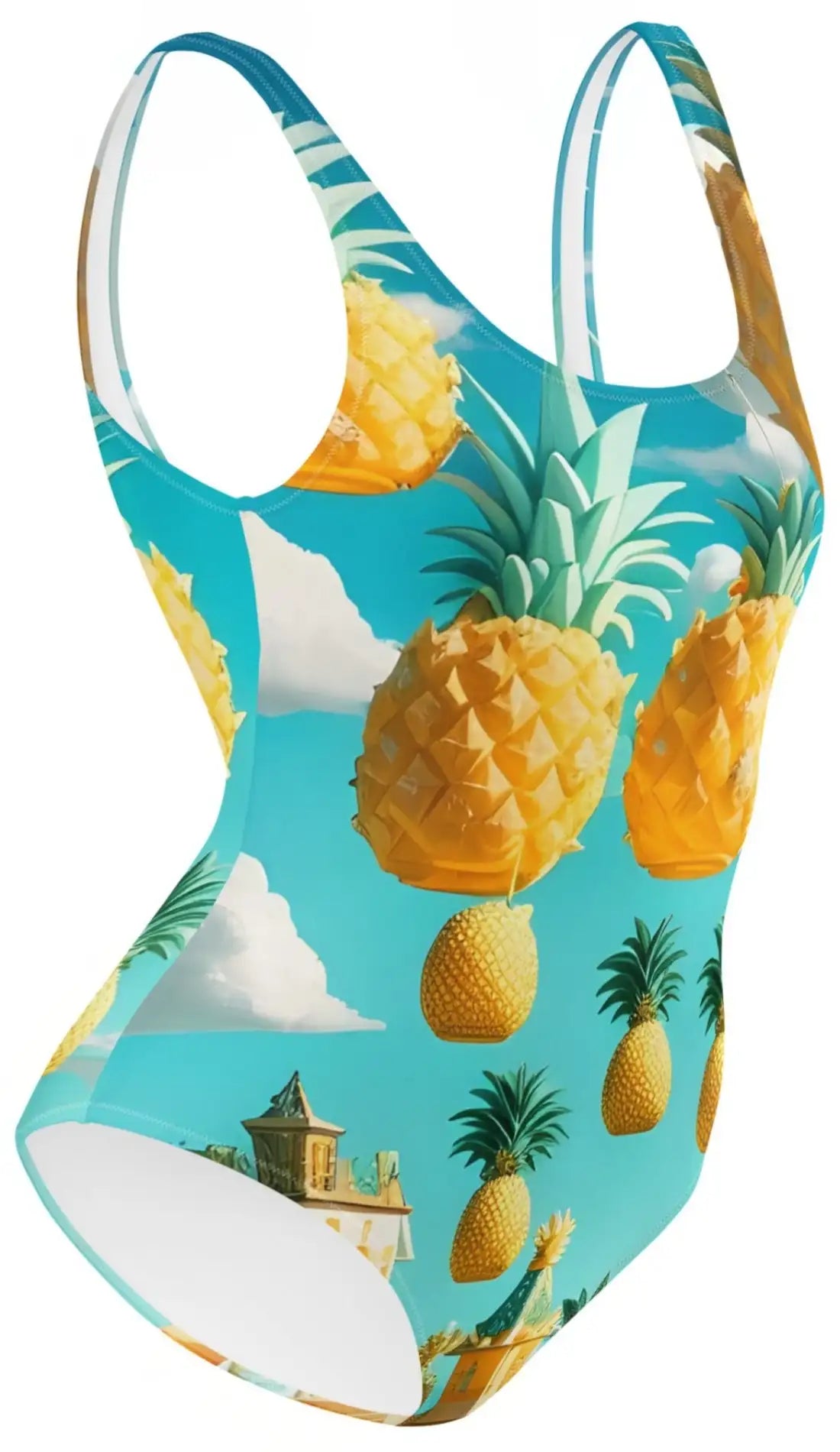Pineapple Paradise: Surreal One-Piece Swimsuit with Whimsical Village