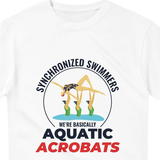 White t-shirt with synchronized swimmers graphic and text on a white background