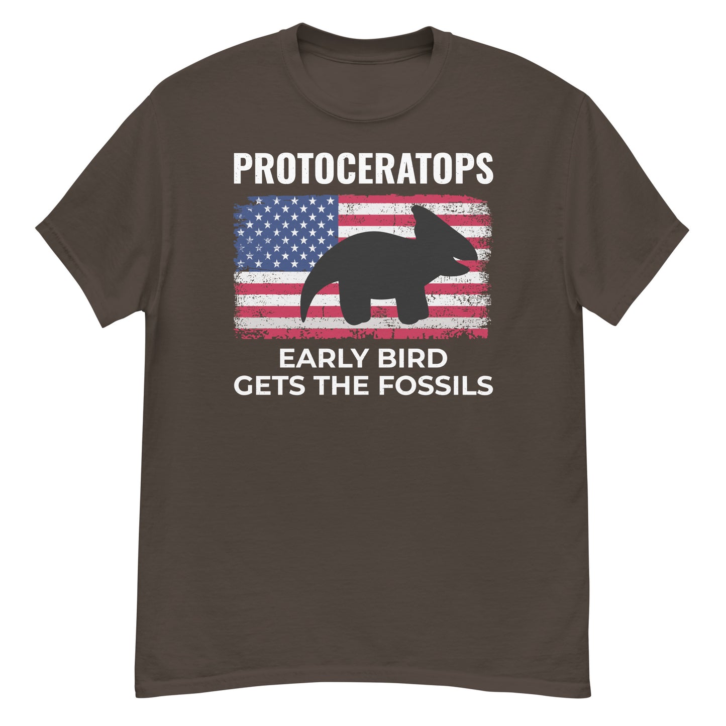 Protoceratops American Flag Dinosaur T-Shirt: Early Bird Gets the Fossils