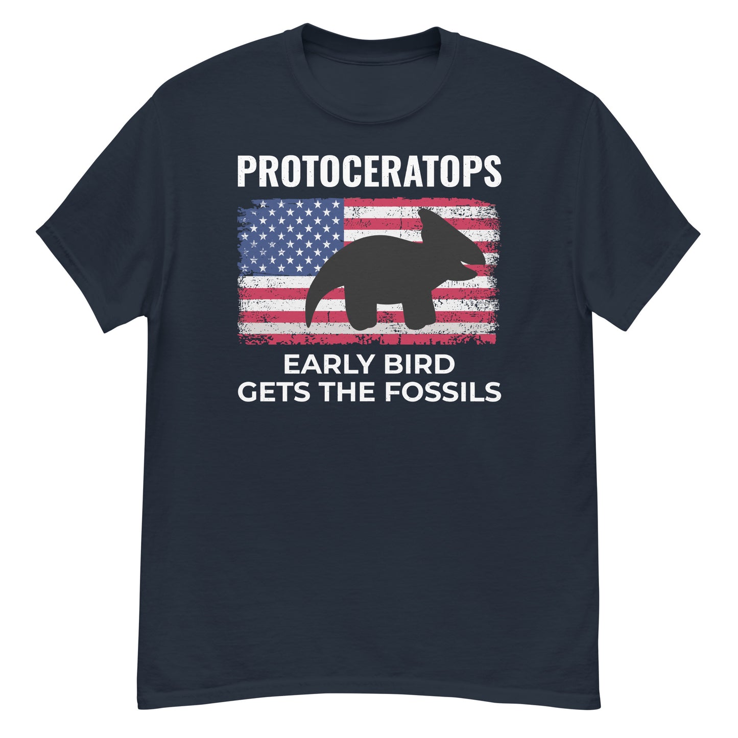 Protoceratops American Flag Dinosaur T-Shirt: Early Bird Gets the Fossils