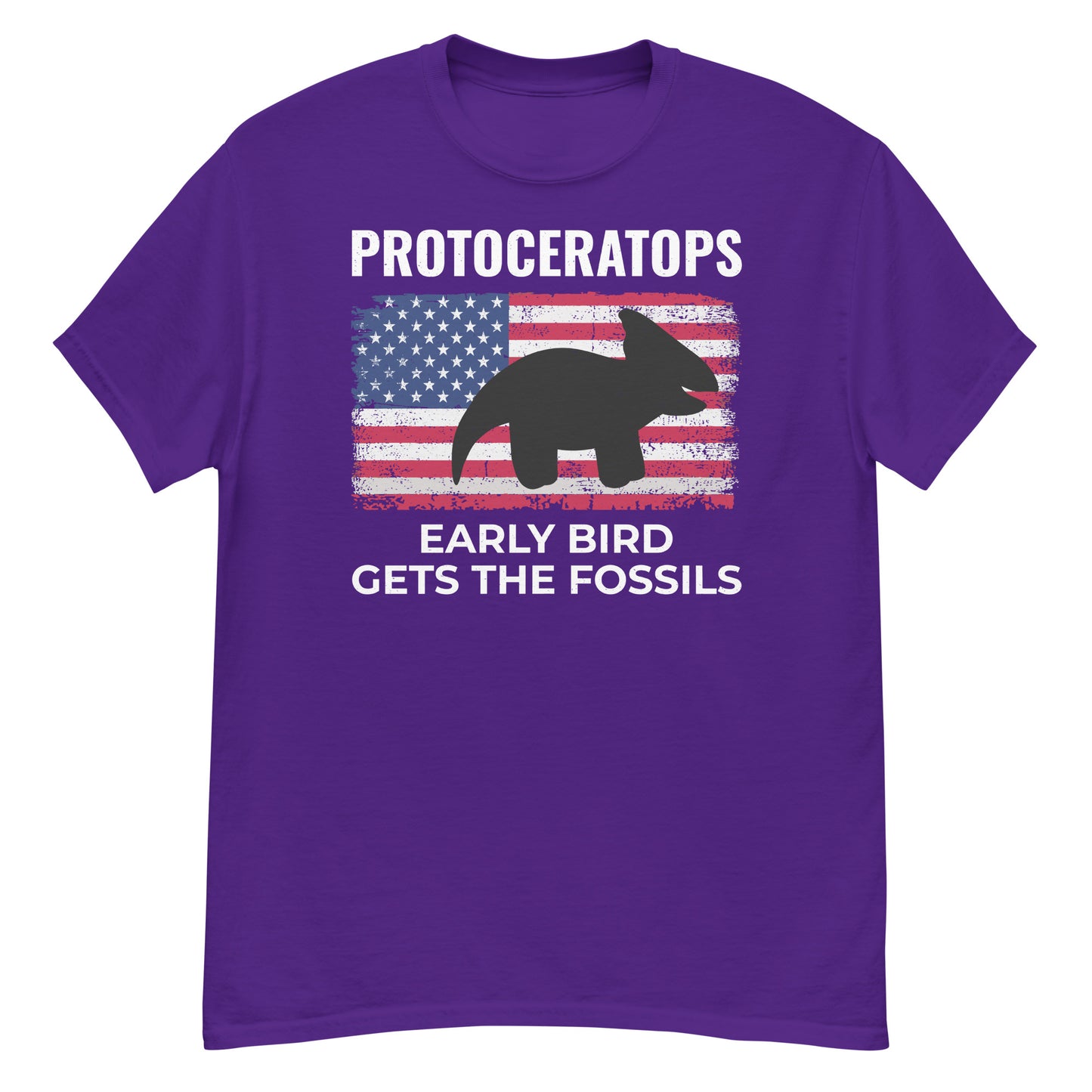 Protoceratops American Flag Dinosaur T-Shirt: Early Bird Gets the Fossils