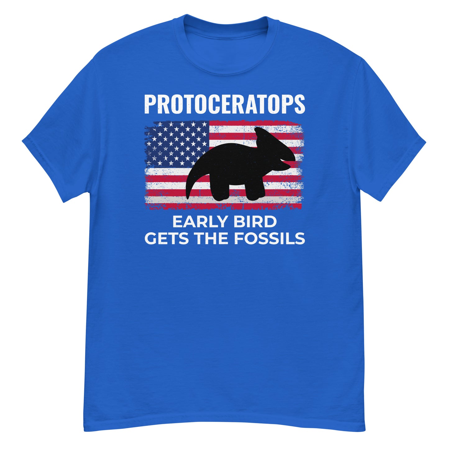 Protoceratops American Flag Dinosaur T-Shirt: Early Bird Gets the Fossils